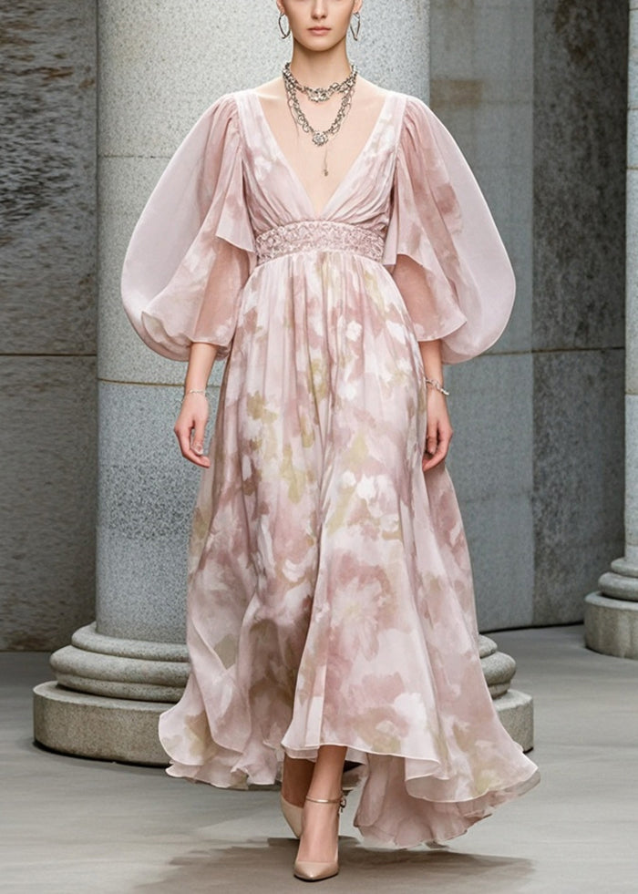 Light Pink Puff Sleeve Print Chiffon Cinched Dress