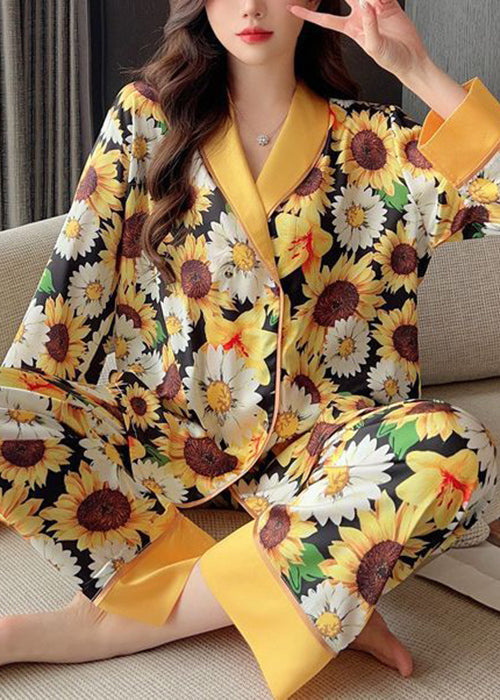 Yellow Print Shirts and Pants Ice Silk Pajamas Two Piece Set Spring