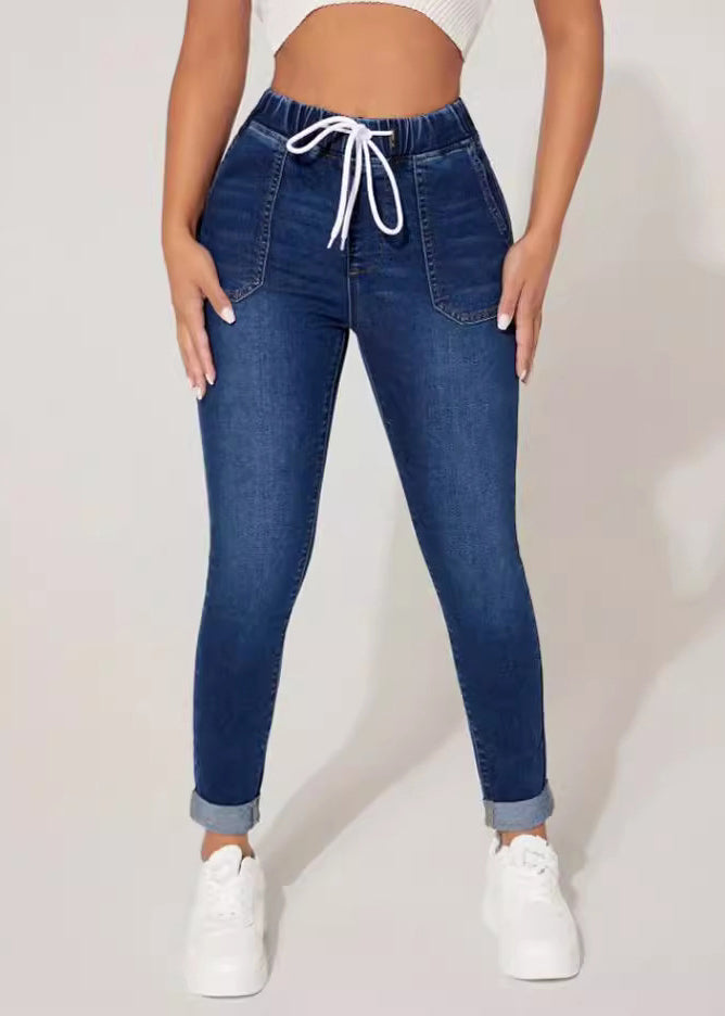 Loose Navy Lace Up Elastic Waist Denim Denim Crop Pants Summer