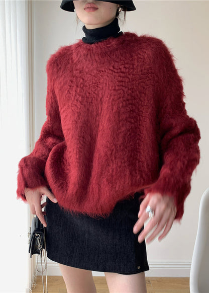 Loose Red Fluffy Knit Sweater Winter