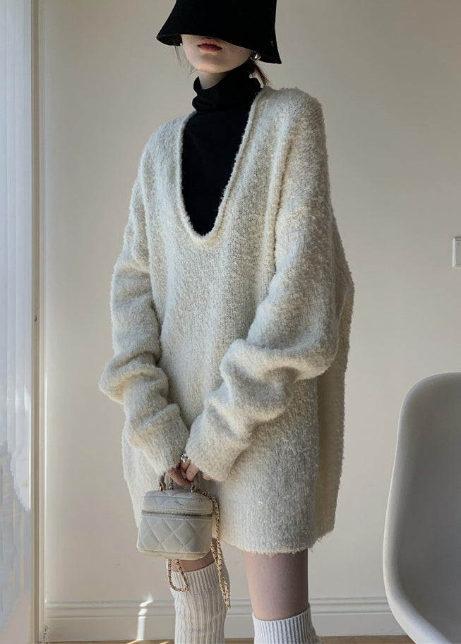 White Cozy Knit Winter Two Pieces Set V Neck