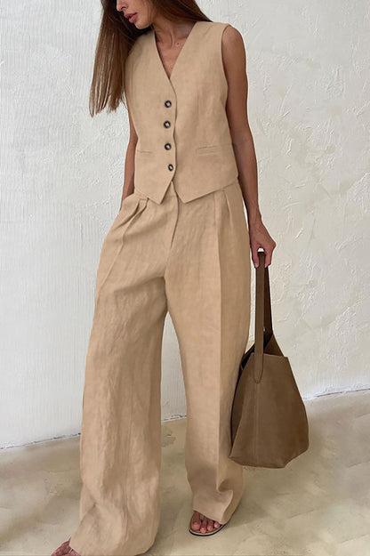 Color Cotton and Linen V-neck Vest Long Pants Set