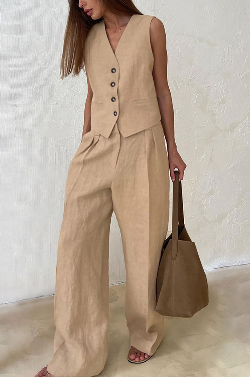 Color Cotton and Linen V-neck Vest Long Pants Set