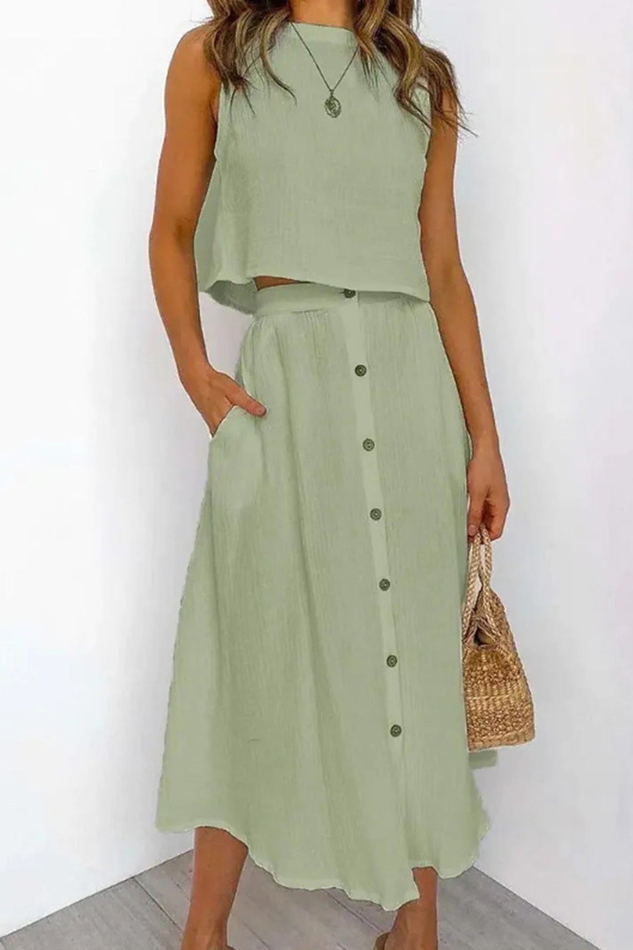 Cotton Tank Top Single-breasted Skirt Suits