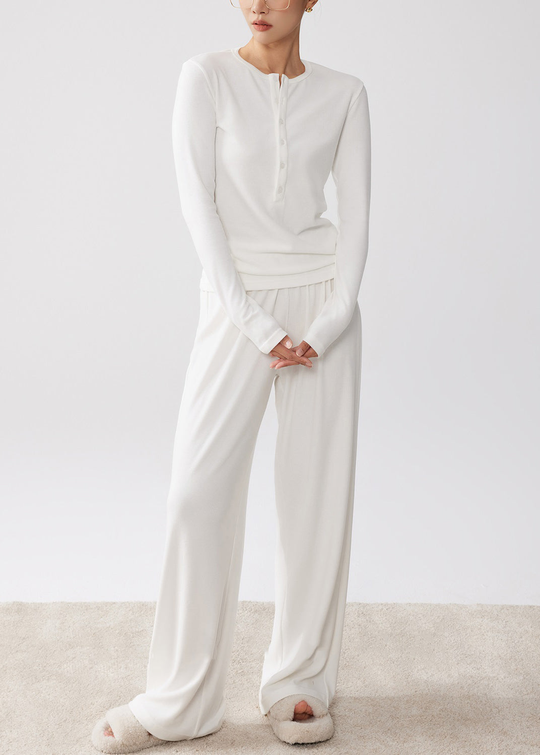 Simple White O Neck Button T Shirt and Wide Leg Pants Cotton Two-piece Set Fall