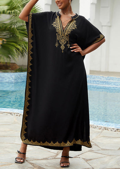Loose Black Embroidered Cotton Robe Dresses Summer