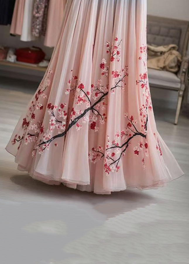 Pink Print Elastic Waist Chiffon Pleated Skirt Summer