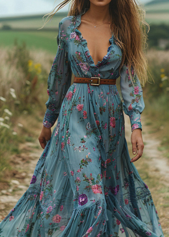 Blue Ruffled Print Patchwork Cotton Long Dress Fall
