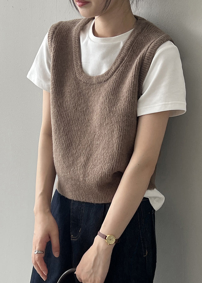 Simple Versatile Green U Neck Knitted Vest Autumn