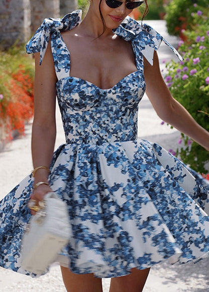 New Blue Print Wrinkled Lace Up Dress Summer