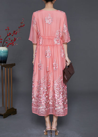 Pink Embroidered Silk Cinched Dress Summer
