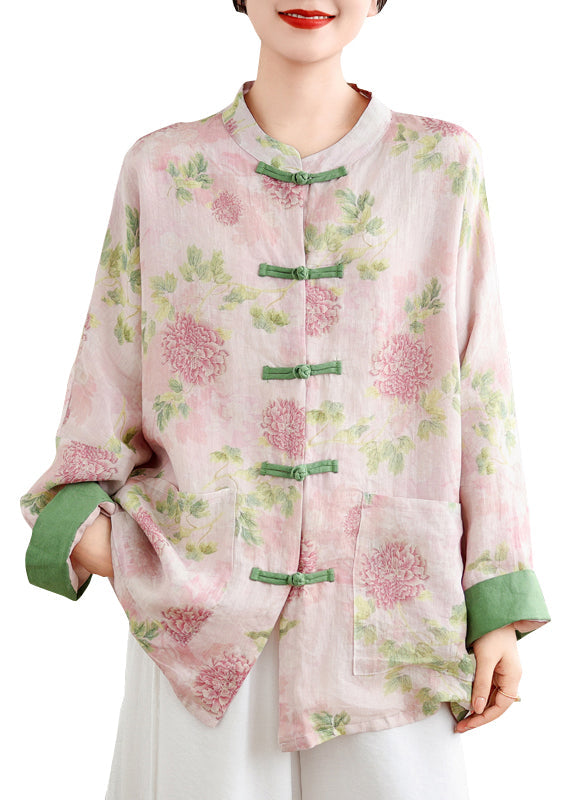 Pink Print Pockets Chinese Button Linen Blouse Top Spring