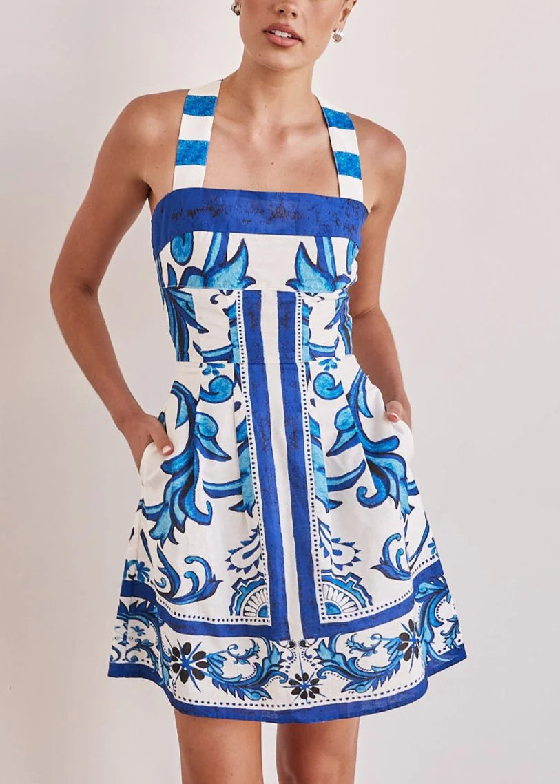 Classy Green Print Cotton Short Spaghetti Strap Dress Summer