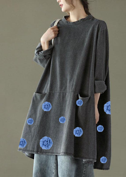 Black Grey-white Flowers O-neck Pockets Denim Long Dresses Long Sleeve