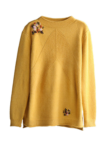 Yellow Embroidered Knit Sweater Winter
