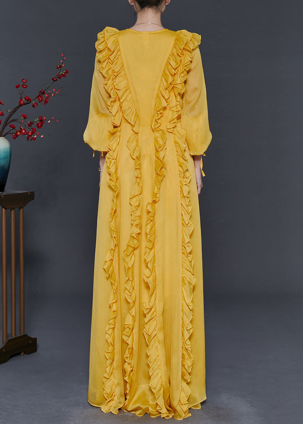 Yellow Ruffled Lace Up Chiffon Full Dresses Fall