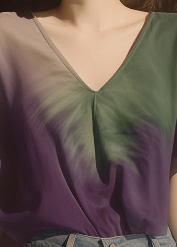 Gradient Color Purple V Neck Chiffon T Shirt Summer