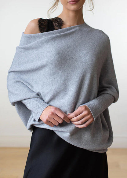 Grey O Neck Knit Pullover Batwing Sleeve