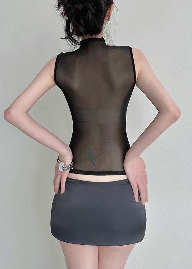 Black Hign Neck Wrinkled Tulle Top Sleeveless