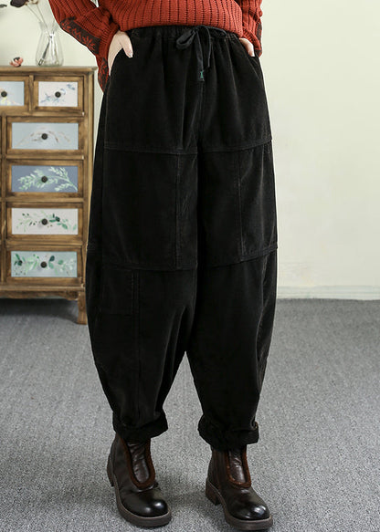 Green Pockets Elastic Waist Corduroy Warm Fleece Pants Winter