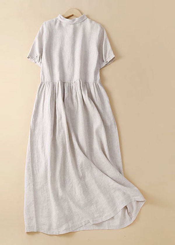 Linen Colour Linen Dresses Wrinkled Button Short Sleeve