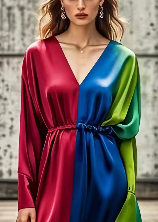 Diy Colorblock V Neck Patchwork Tie Dye Silk Dress Spring