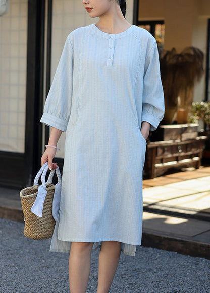 Baby Blue O Neck Jacquard Cotton Dress Spring