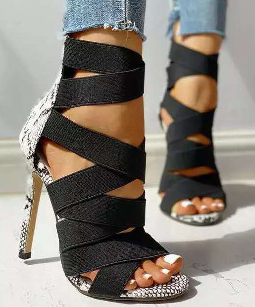 Black Elastic Fabric Splicing High Heel Sandals Peep Toe