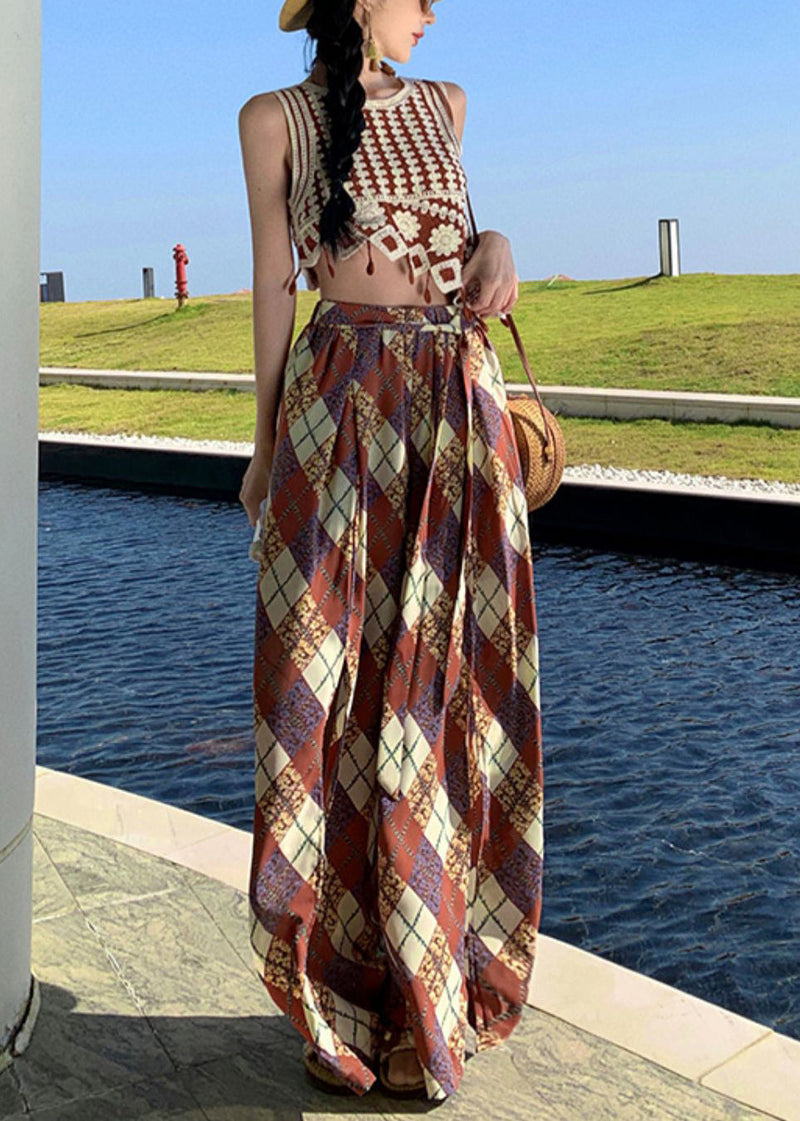 Brown Print Side Open Chiffon Wide Leg Pants Summer