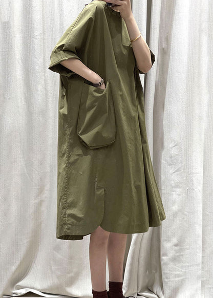 Army Green O Neck Pockets Patchwork Cotton Mid Dress Summer