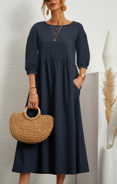 Spring Outfit Lantern Sleeve Loose Cotton and Linen Pocket Dress
