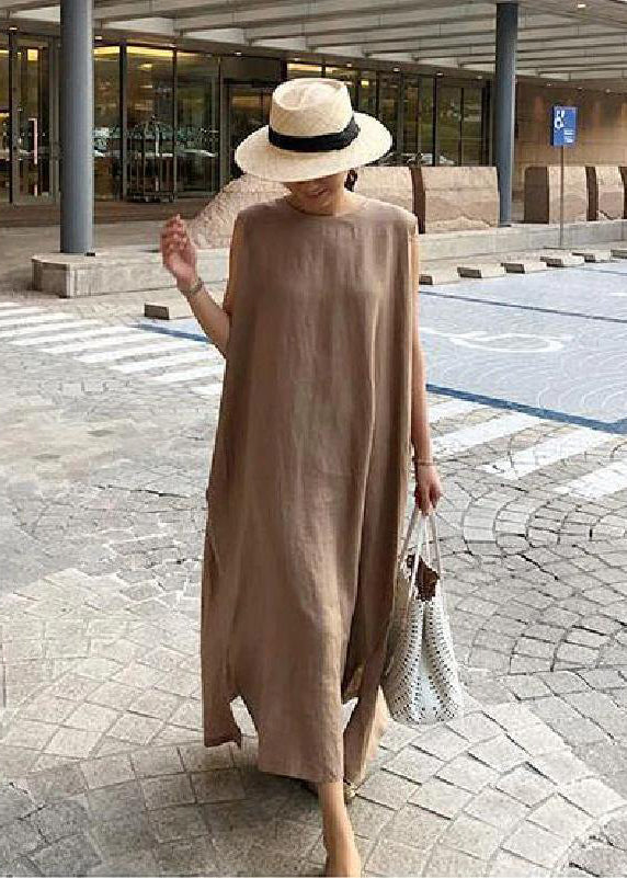 O Neck Side Open Linen Cotton Clothes Fabrics Khaki Dress