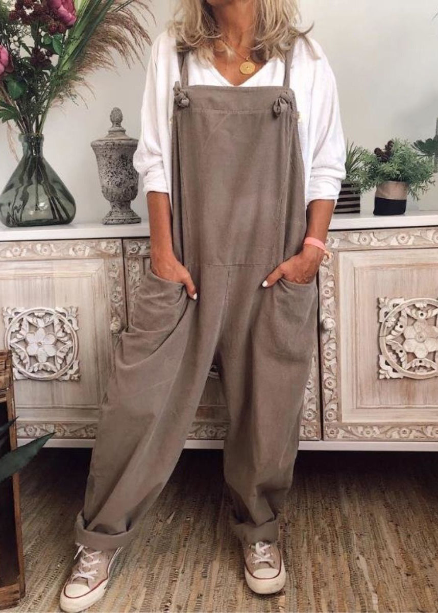 Loose Khaki Pockets Cotton Jumpsuit Sleeveless
