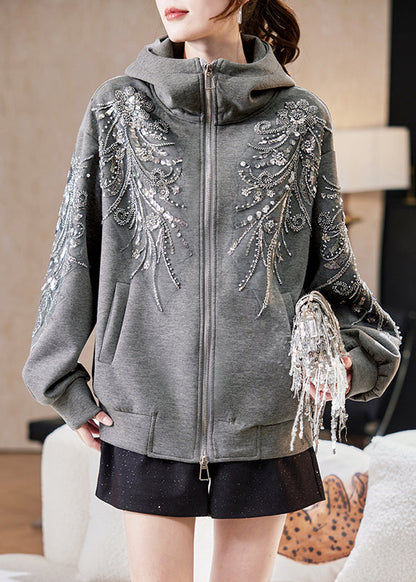 Loose Grey Hooded Sequins Nail Bead Cotton Coats Fall