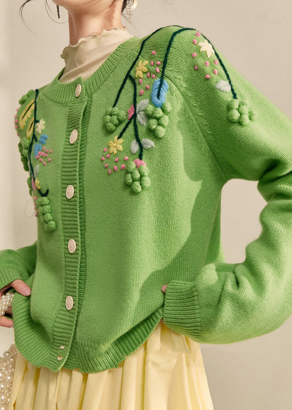 Green Embroidered Button Cotton Knit Cardigans Fall