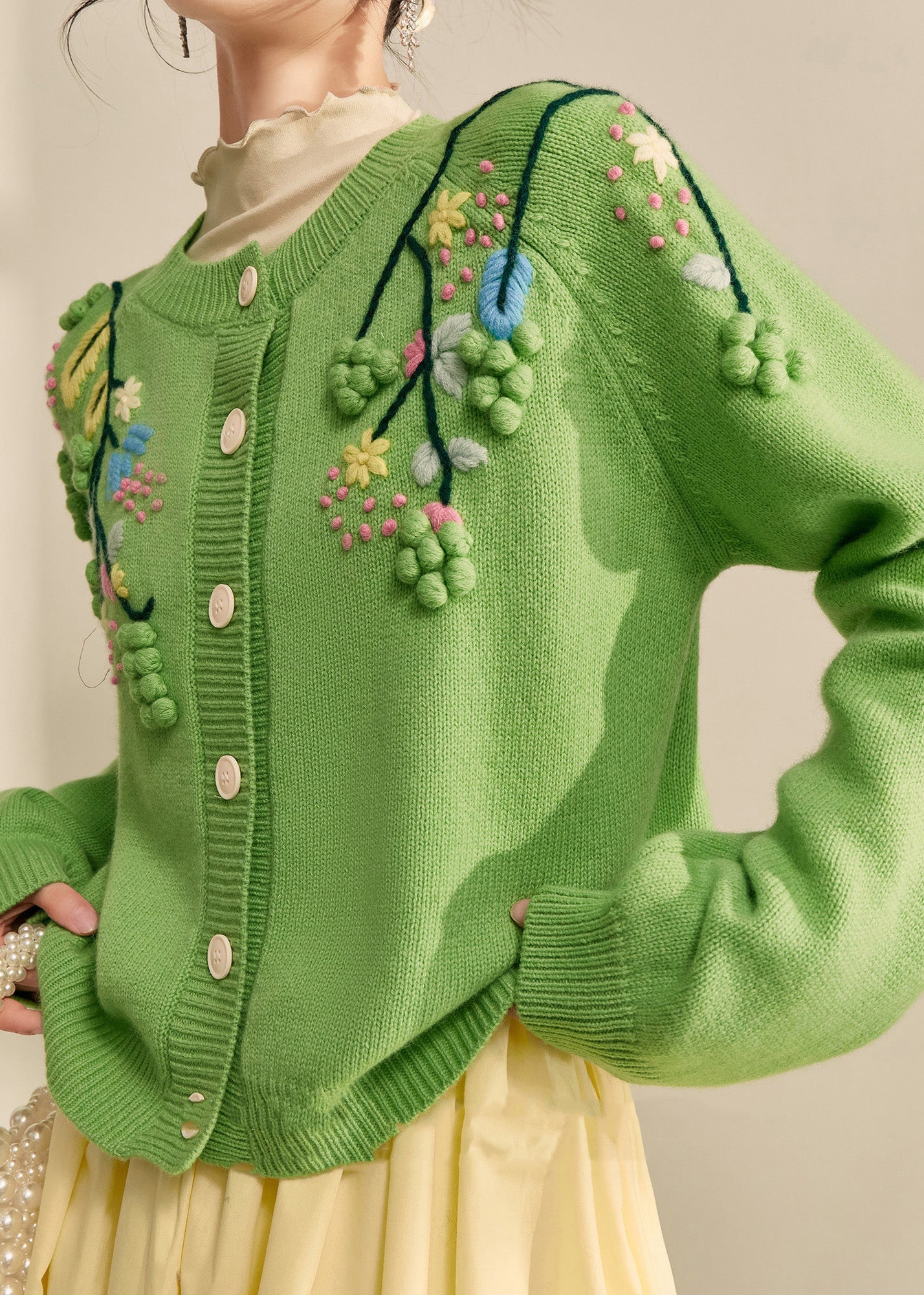 Green Embroidered Button Cotton Knit Cardigans Fall