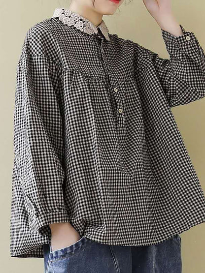 Loose Breasted Lace Plaid Tops