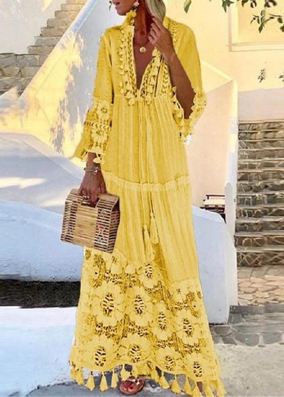 White Lace Tassel Patchwork Vacation Long Dress Summer