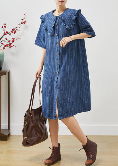 Navy Peter Pan Collar Striped Denim Mid Dress Summer
