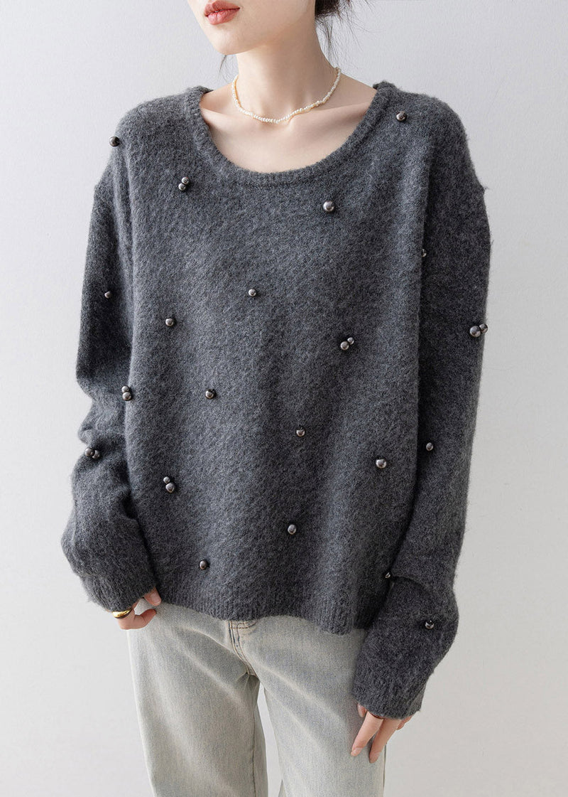 Grey O Neck Nail Bead Knit Sweater Spring