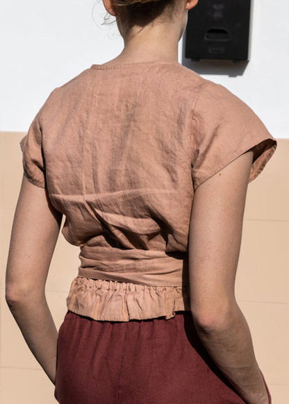 Modern Pink V Neck Lace Up Linen T Shirt Top Summer