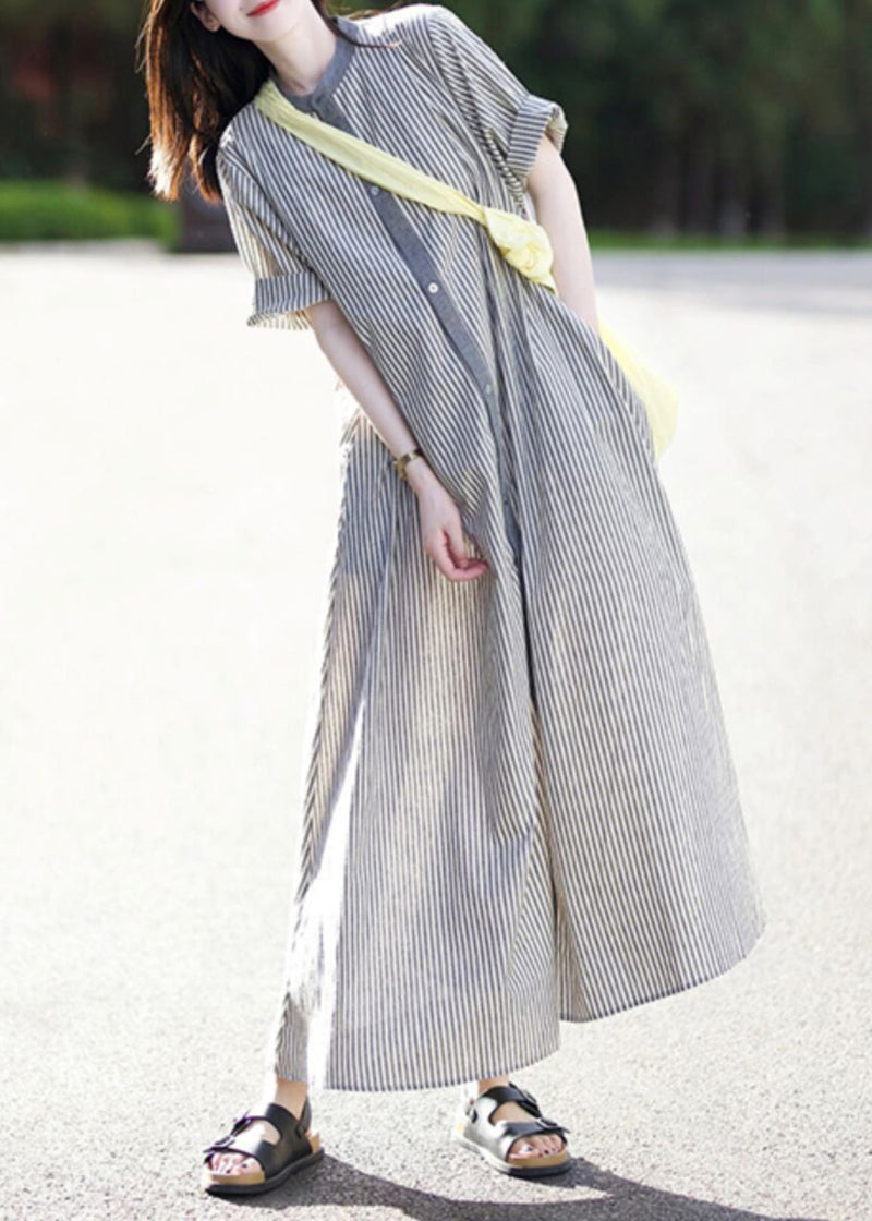 Stand Collar Striped Button Cotton Shirts Dress Summer
