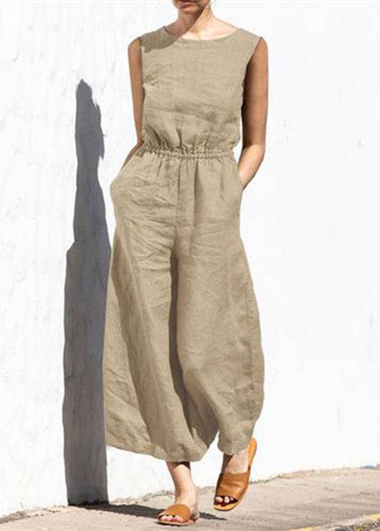 Slim Color Khaki High Sleeveless Jumpsuit