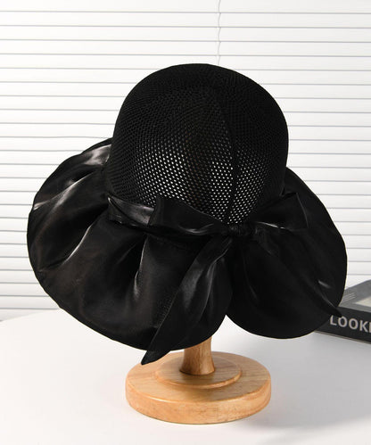 New Dark Khaki Knit Patchwork Satin Bow Bucket Hat