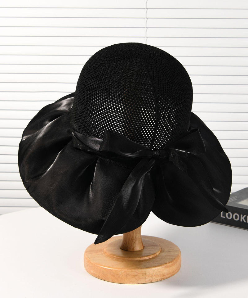 New Dark Khaki Knit Patchwork Satin Bow Bucket Hat
