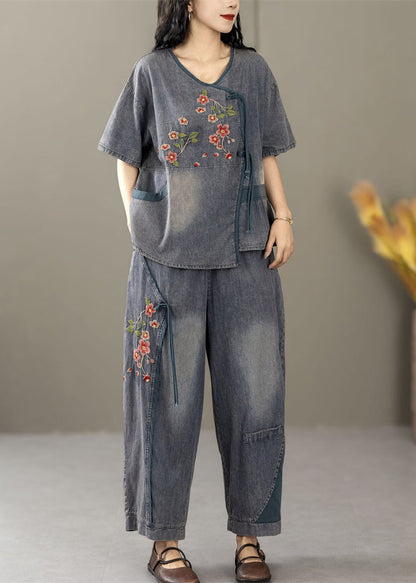 Blue Embroidered Tops and Crop Pants Denim Two Pieces Set Summer