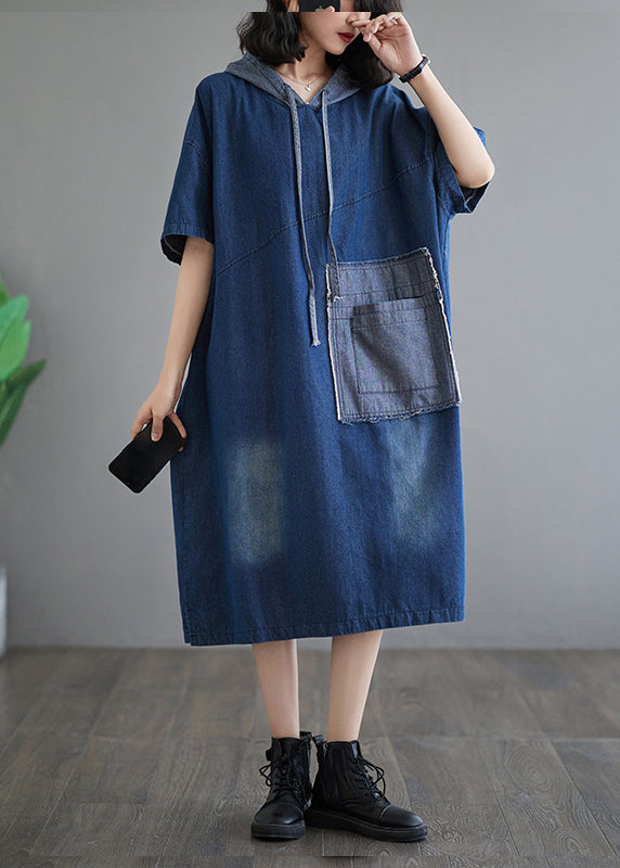 Blue Hooded Patchwork Denim Dress Summer