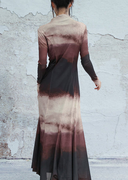 Slim Fit Gradient Color Turtleneck Tulle Long Dresses Fall