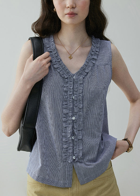 Art Blue Ruffled Button Wear on Both Sides Cotton Blouses Sleeveless