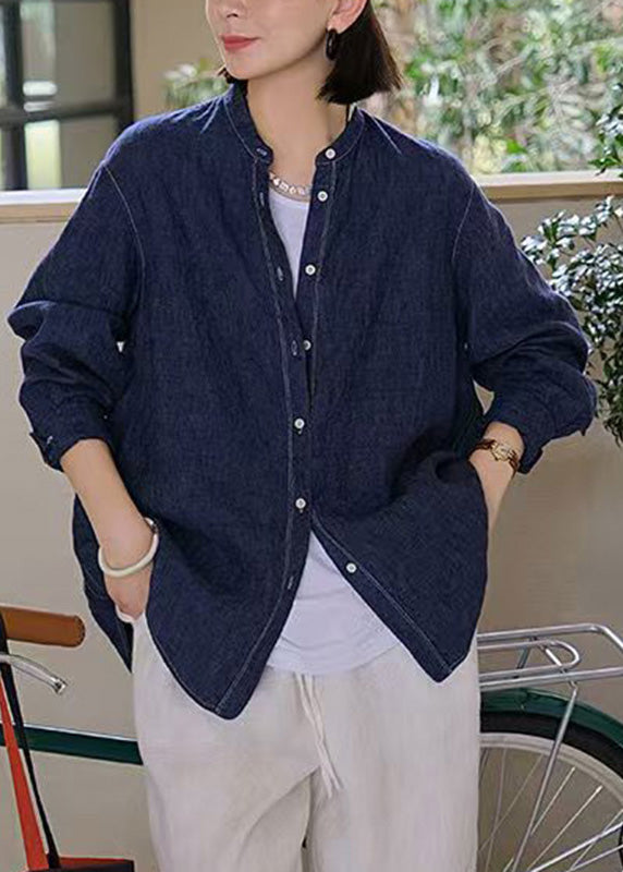 Handmade Navy O-neck Patchwork Button Coats Fall